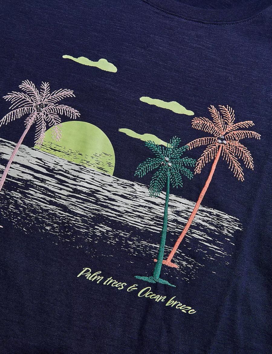 Lane Bryant Rhinestone Palm Trees & Ocean Breeze Graphic Tee Women T Shirts Blue | EYS4845WM