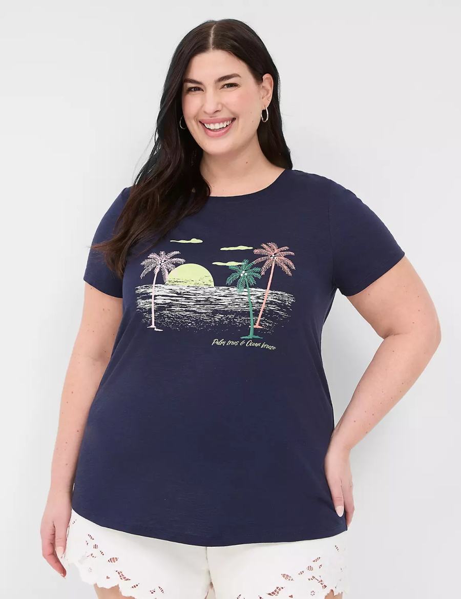 Lane Bryant Rhinestone Palm Trees & Ocean Breeze Graphic Tee Women T Shirts Blue | EYS4845WM