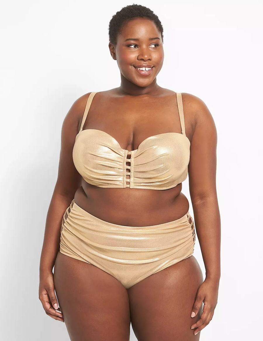 Lane Bryant Ribbed Ruched Strappy-Side Swim Women Briefs Beige | JSR8956BK