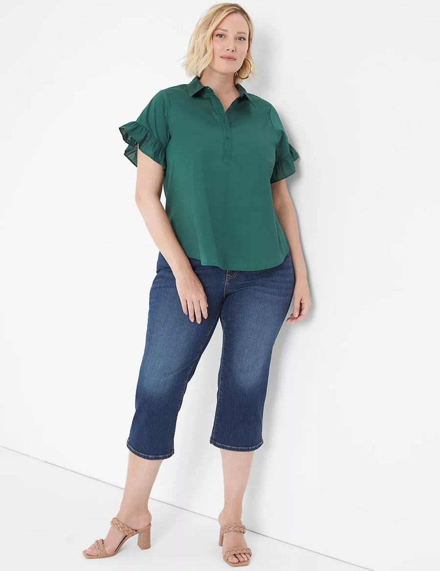 Lane Bryant Ruffle-Sleeve Button-Down Top Women T Shirts Green | YHZ5135OU