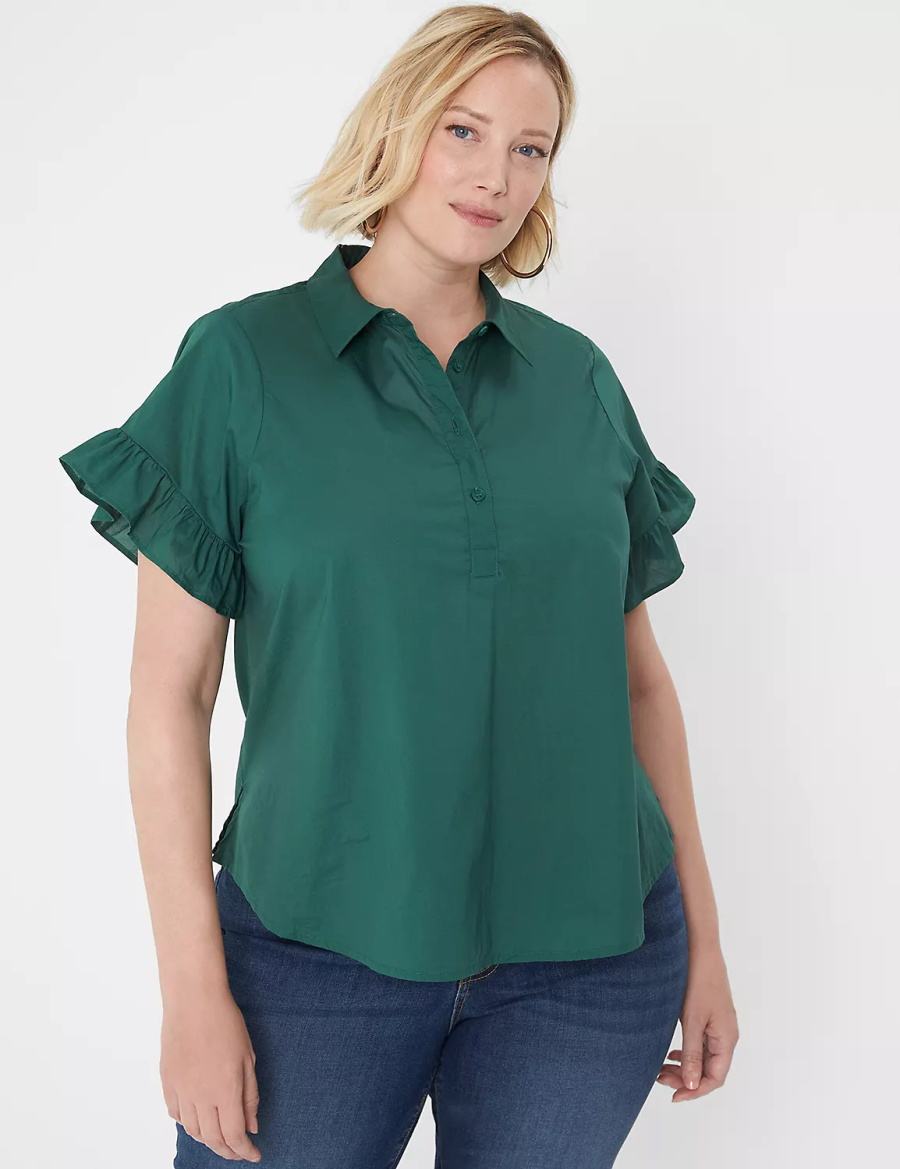 Lane Bryant Ruffle-Sleeve Button-Down Top Women T Shirts Green | YHZ5135OU