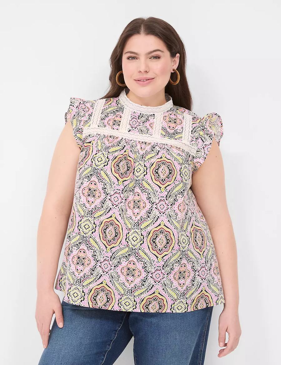 Lane Bryant Ruffle Cap-Sleeve Lace-Trim Top Women T Shirts Multicolor | VDM6240CX