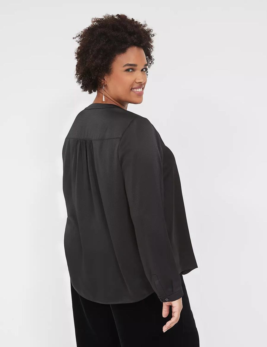 Lane Bryant Satin Banded-Neck Ruched-Shoulder Women Shirts Black | EQA123PI