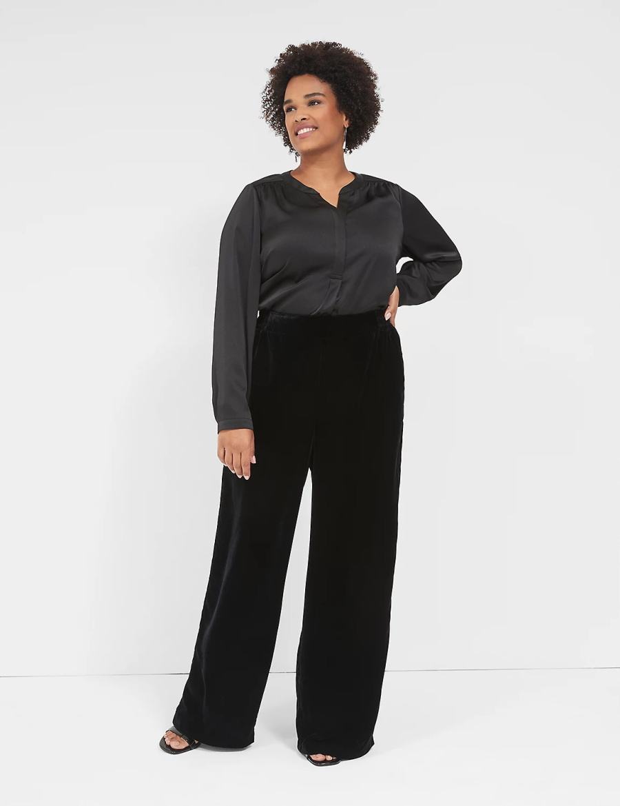 Lane Bryant Satin Banded-Neck Ruched-Shoulder Women Shirts Black | EQA123PI