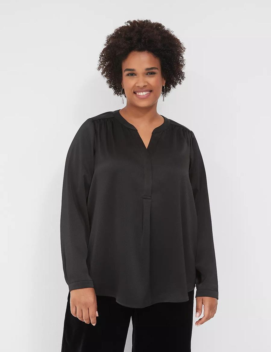 Lane Bryant Satin Banded-Neck Ruched-Shoulder Women Shirts Black | EQA123PI