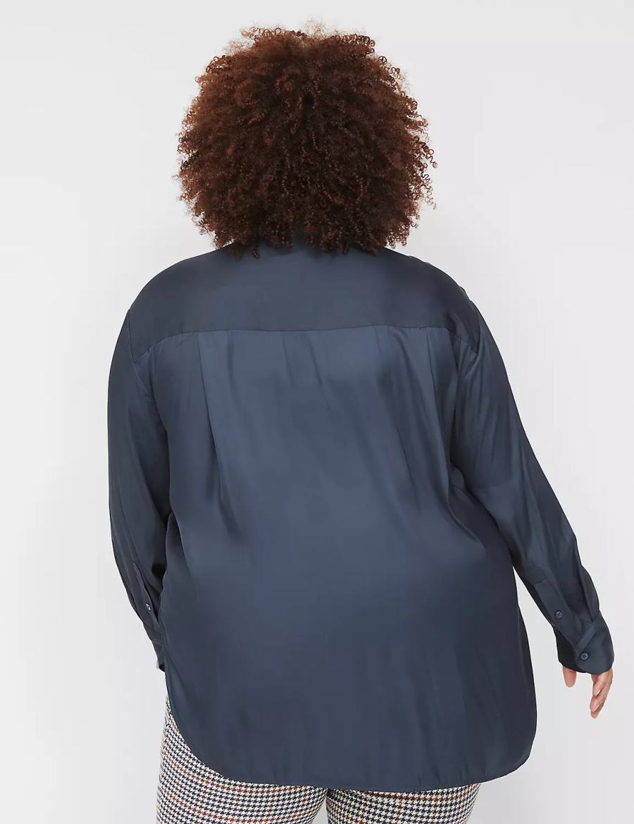 Lane Bryant Satin Button-Down Boyfriend Women Shirts Blue | POJ5849SY