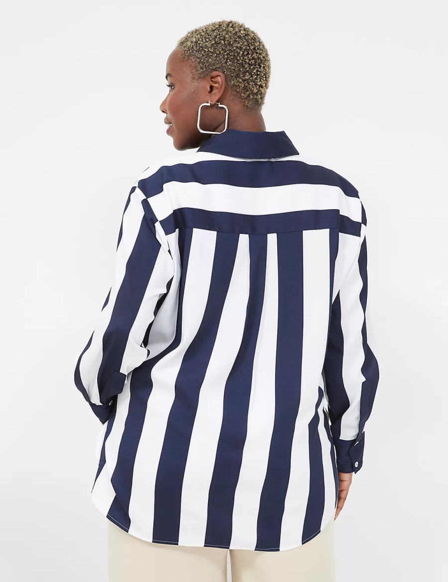 Lane Bryant Satin Easy Collared Stripe Button-Down Women Shirts Navy White Stripes | APY6698KB