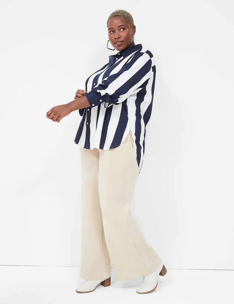 Lane Bryant Satin Easy Collared Stripe Button-Down Women Shirts Navy White Stripes | APY6698KB