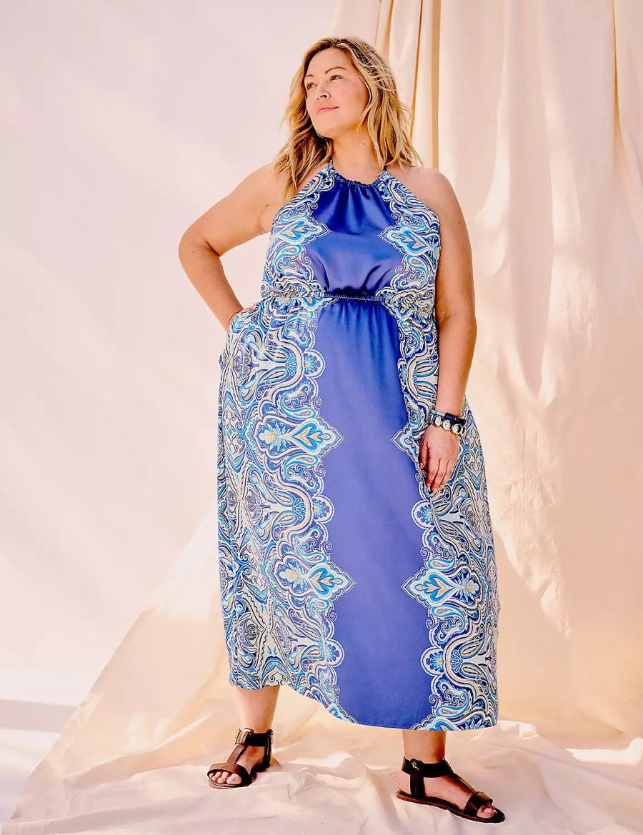 Lane Bryant Satin Halter-Neck Women Maxi Dress Blue | BRB723RM