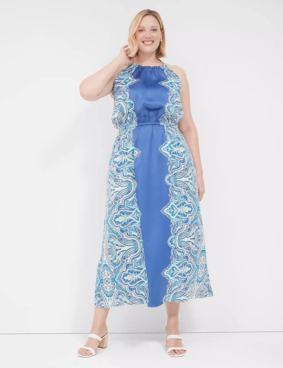 Lane Bryant Satin Halter-Neck Women Maxi Dress Blue | BRB723RM