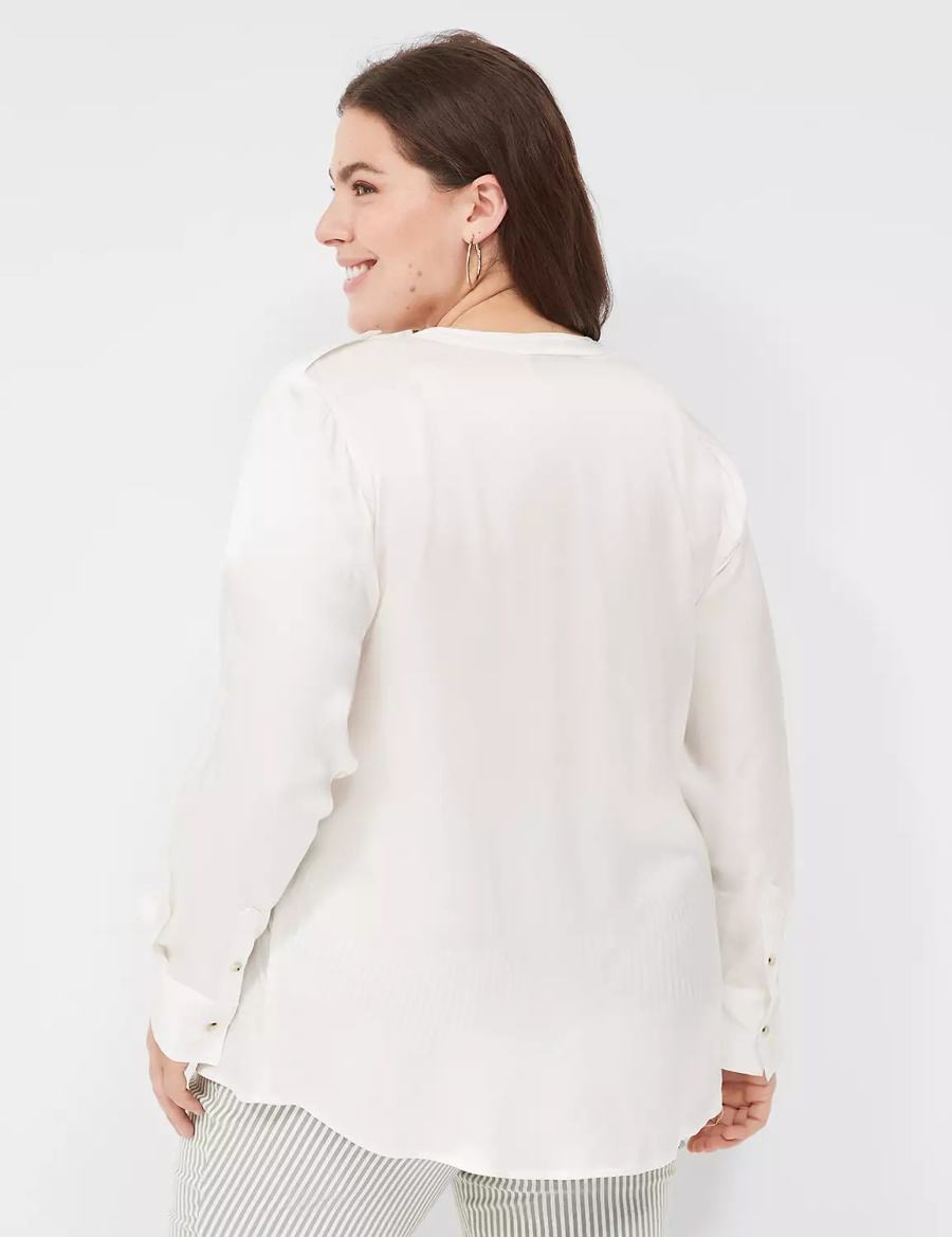 Lane Bryant Satin Long-Sleeve Button-Front Women Blouse White Rose | XQF2489CY