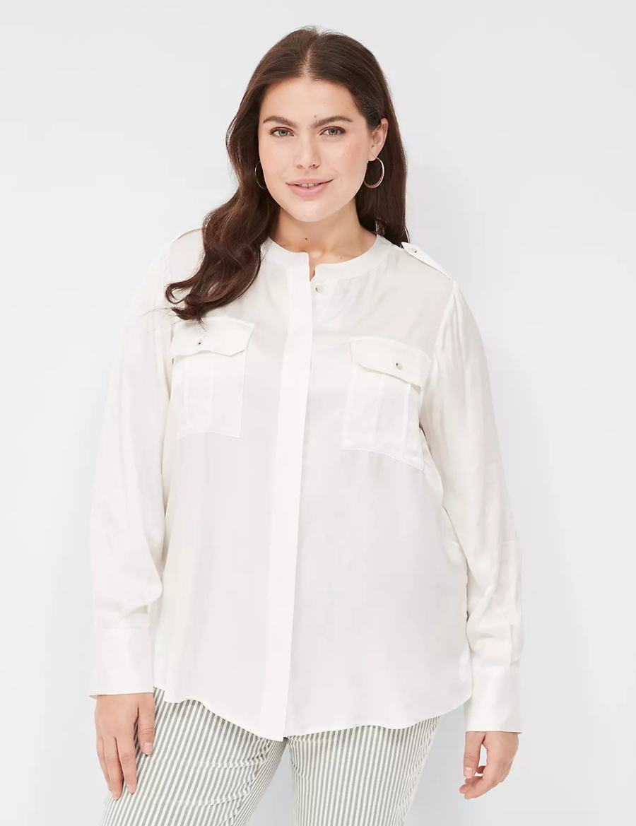 Lane Bryant Satin Long-Sleeve Button-Front Women Blouse White Rose | XQF2489CY