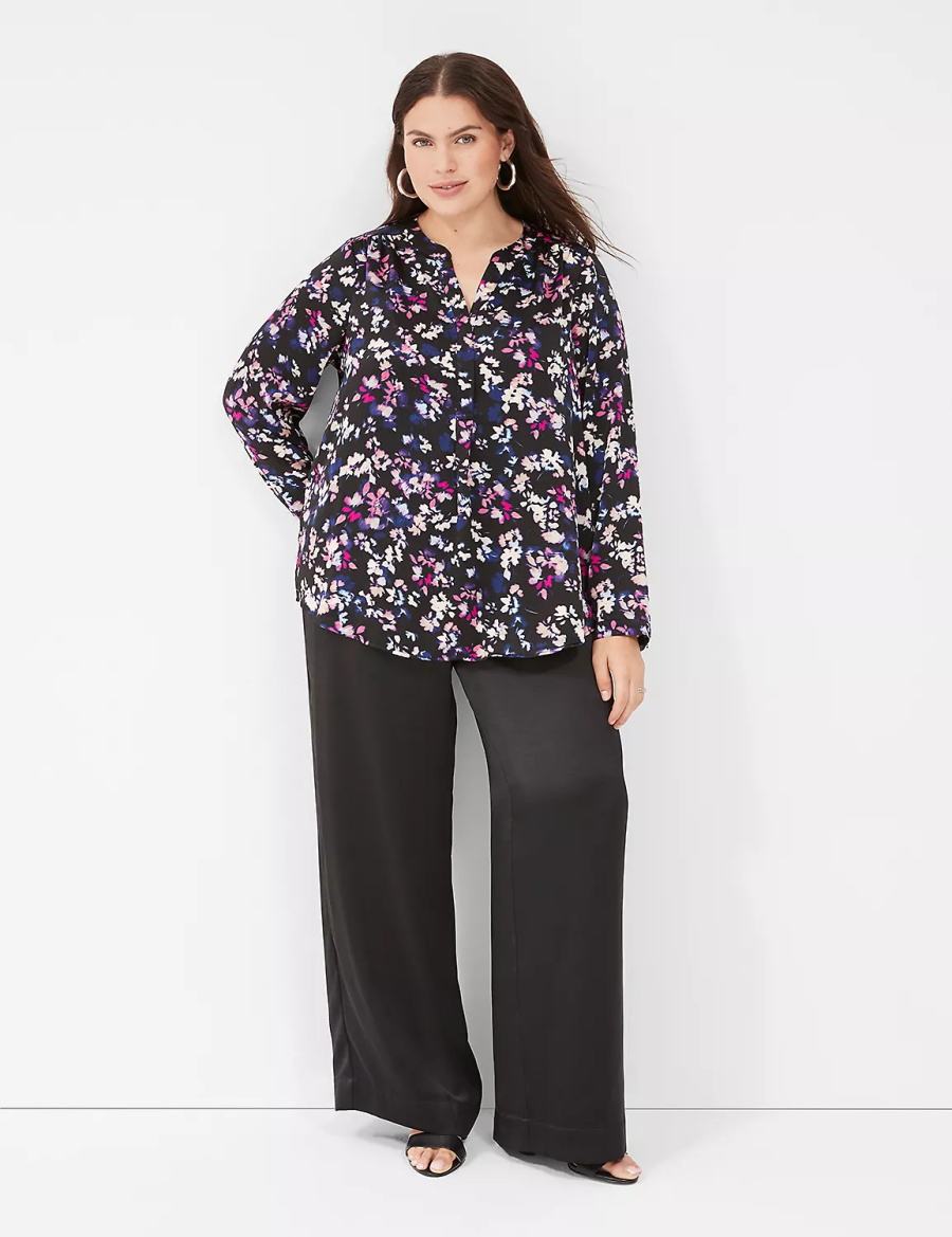 Lane Bryant Satin Ruched-Shoulder Women Blouse Black Multicolor | SXM3657UP