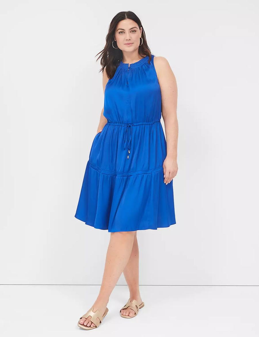 Lane Bryant Satin Smocked-Neck Tie-Waist Women Casual Dress Blue | QIM4512YF