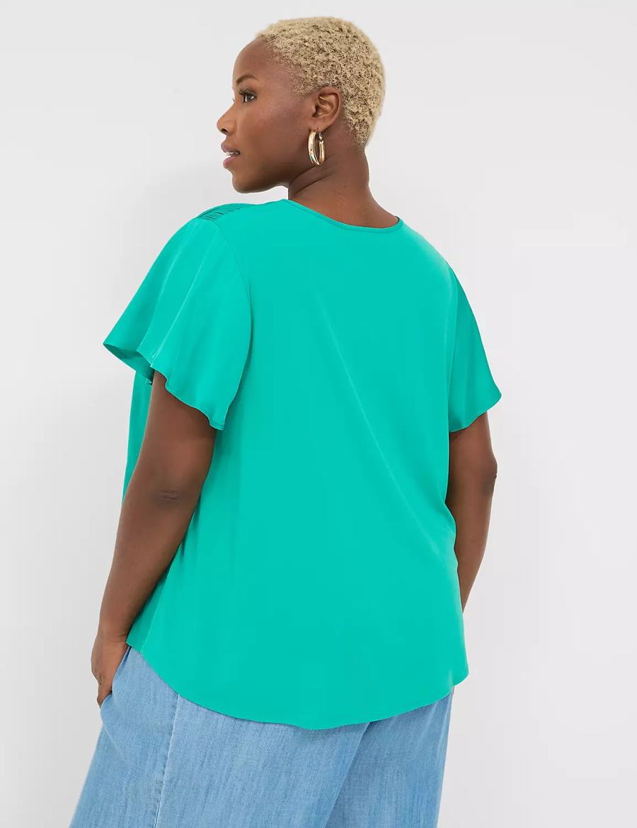 Lane Bryant Satin Smocked-Shoulder Women Blouse Light Turquoise | CJO5747SO