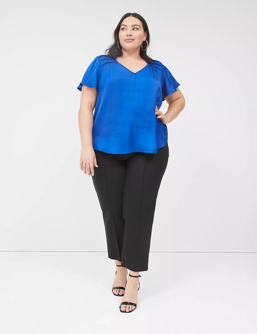 Lane Bryant Satin Smocked-Shoulder Women Blouse Blue | AZQ4213ZI