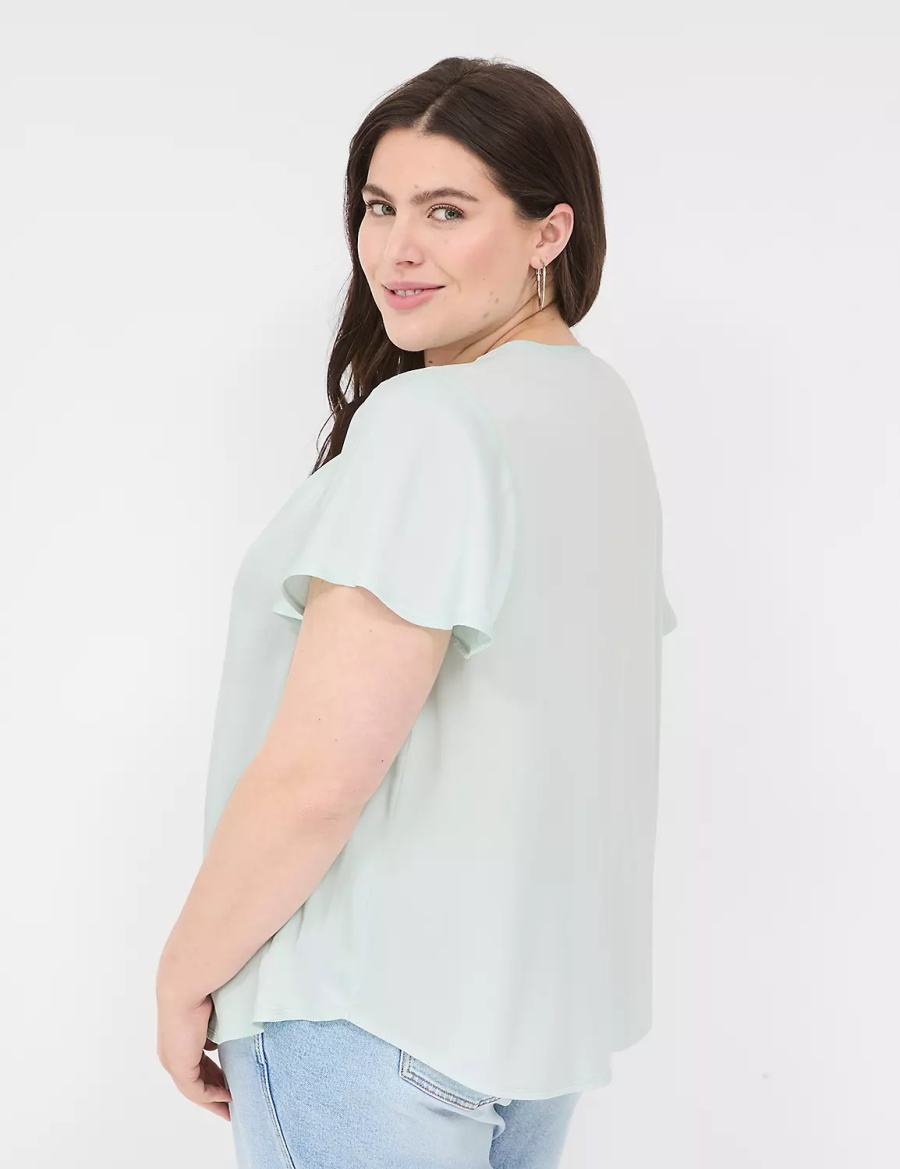 Lane Bryant Satin Smocked-Shoulder Women Blouse Light Green | XQX9777NI