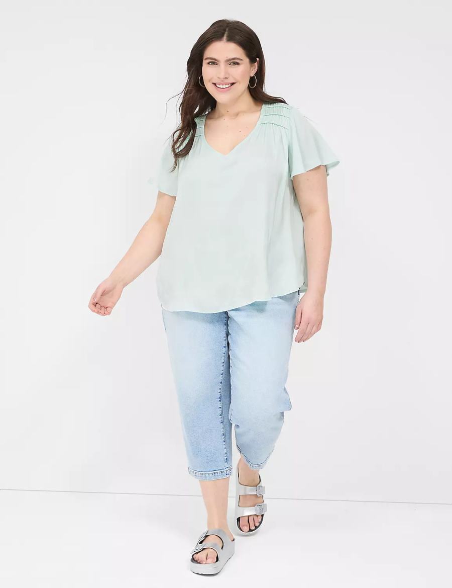 Lane Bryant Satin Smocked-Shoulder Women Blouse Light Green | XQX9777NI