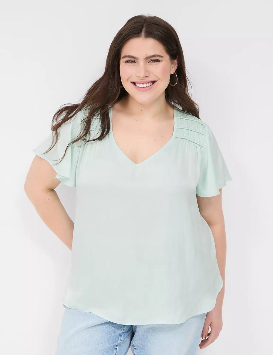 Lane Bryant Satin Smocked-Shoulder Women Blouse Light Green | XQX9777NI