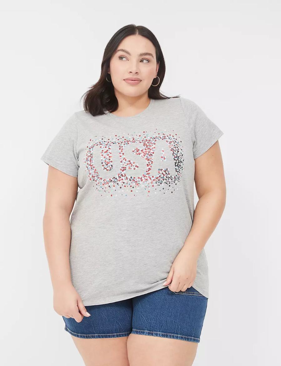 Lane Bryant Sequin USA Graphic Tee Women T Shirts Light Grey | XRN4157AY