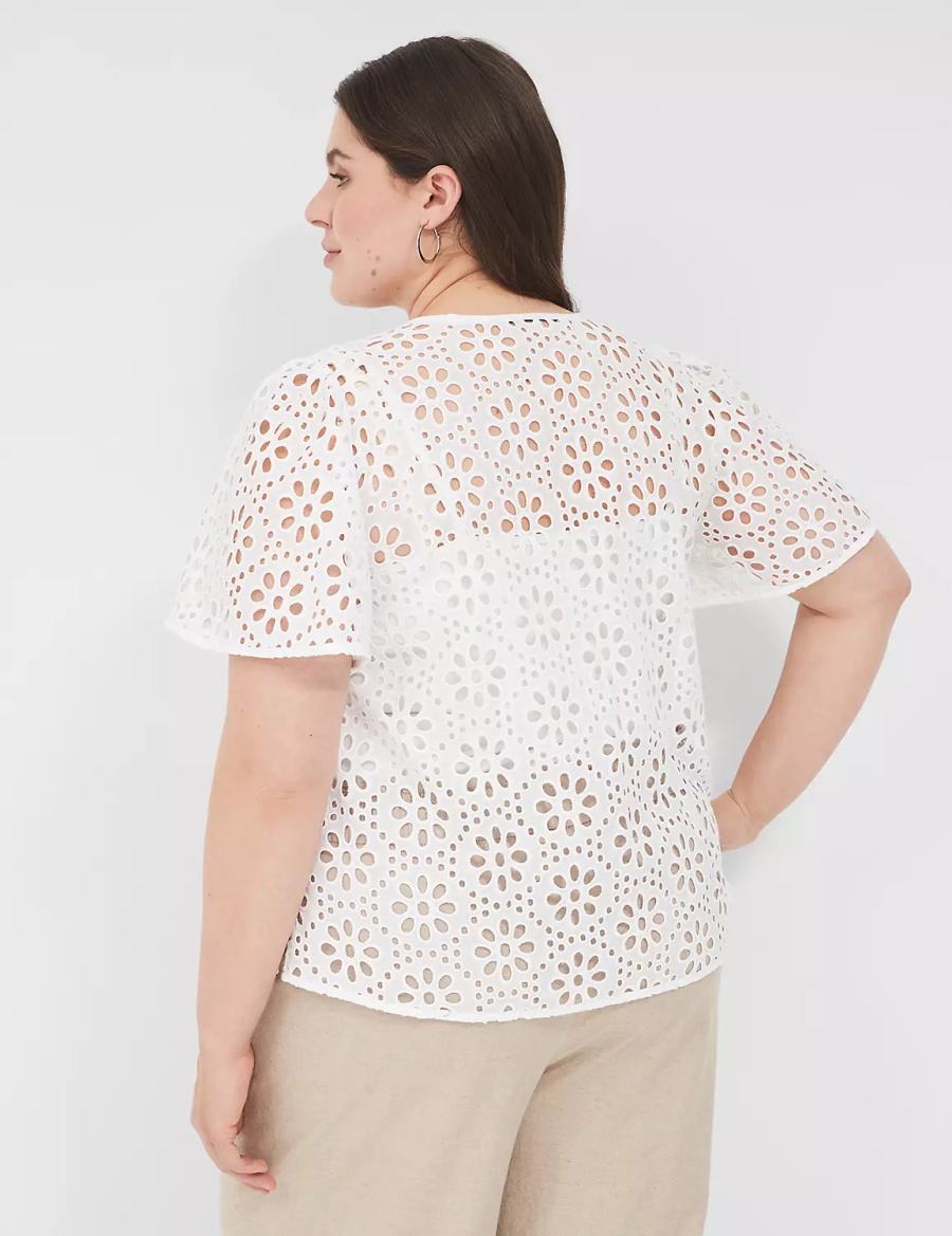 Lane Bryant Sheer Flutter-Sleeve Eyelet Top Women T Shirts White | PWY5171BS