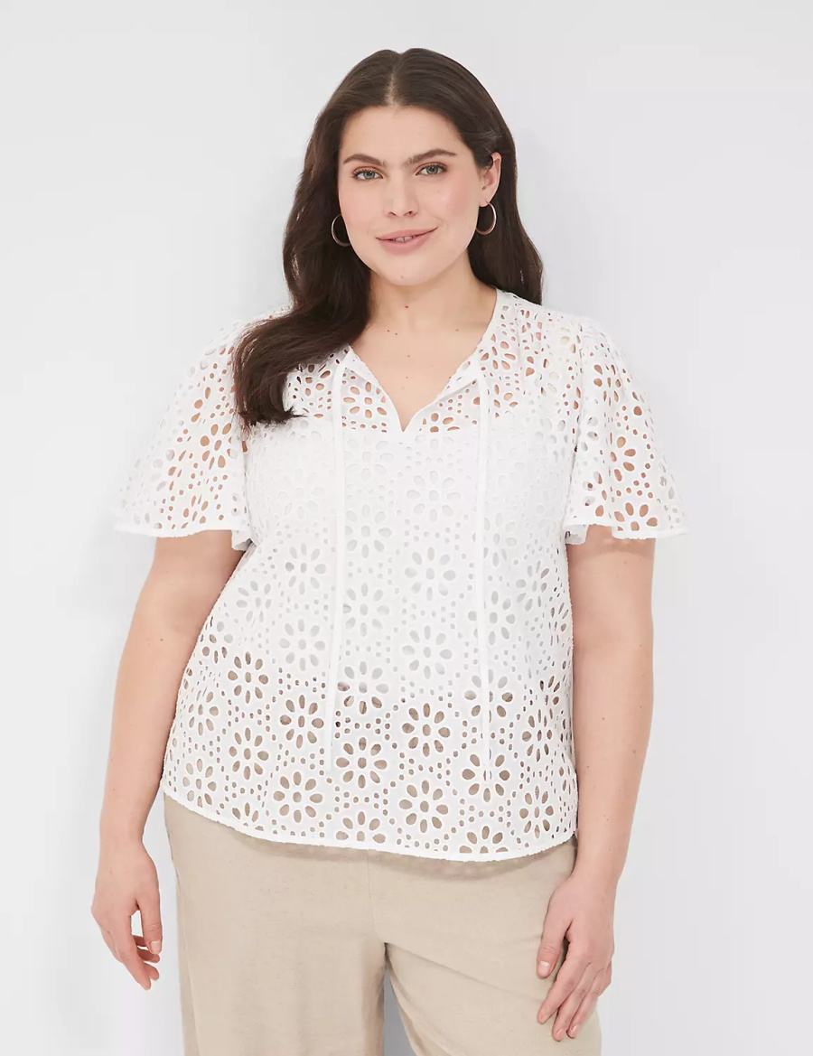 Lane Bryant Sheer Flutter-Sleeve Eyelet Top Women T Shirts White | PWY5171BS