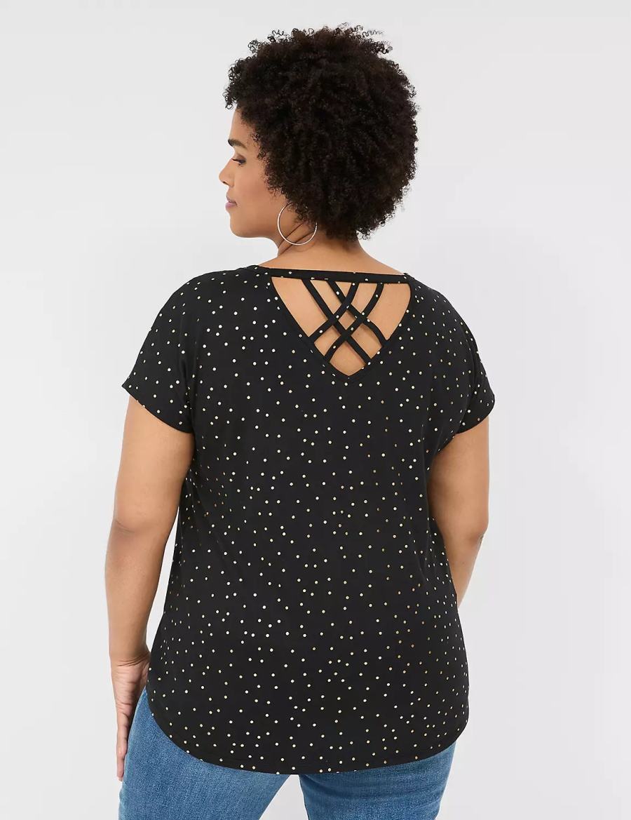 Lane Bryant Shimmer Foil Strappy-Back Tee Women T Shirts Black | EVP253PM