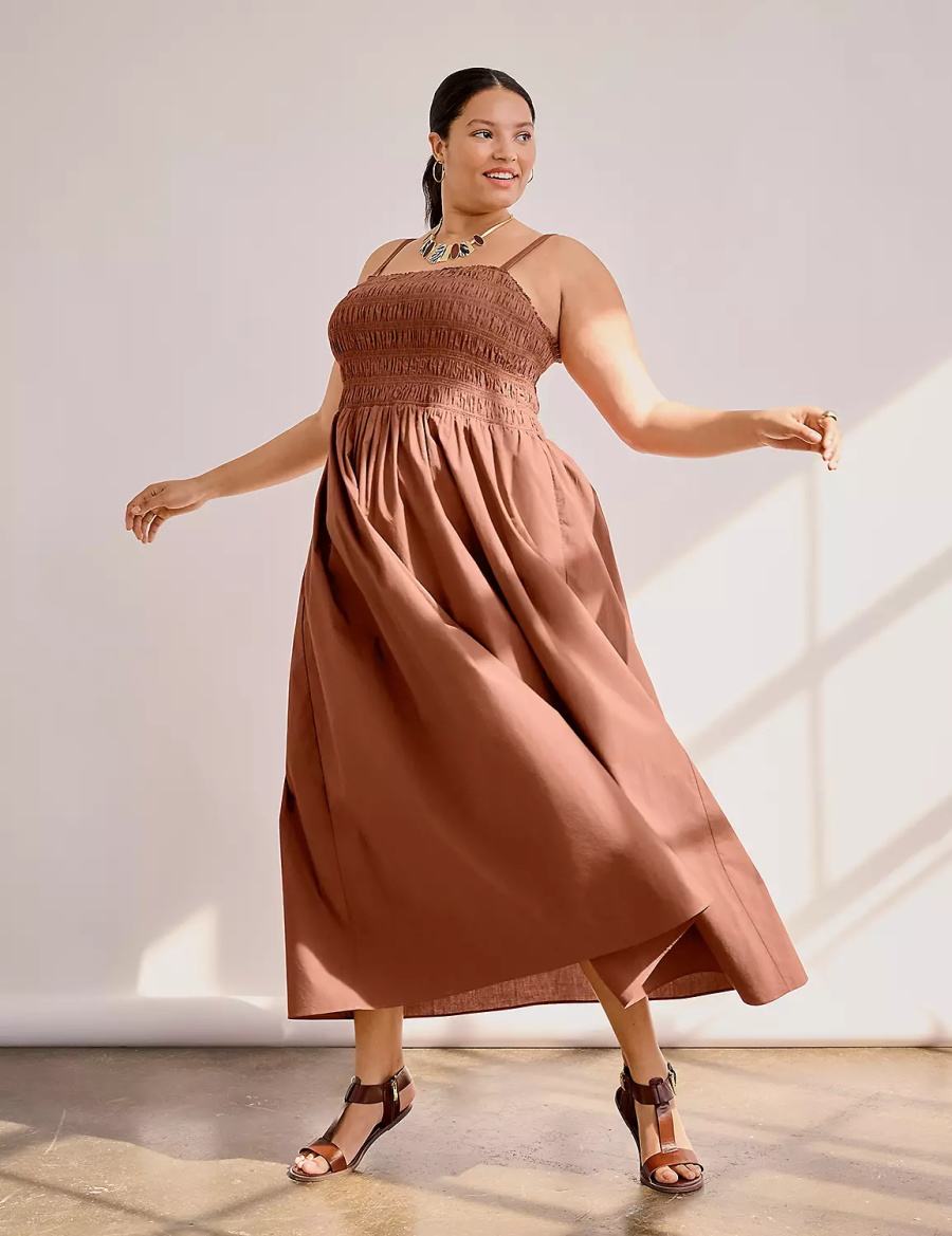 Lane Bryant Shirred-Bodice Square-Neck Women Maxi Dress Brown | UEW5635JC