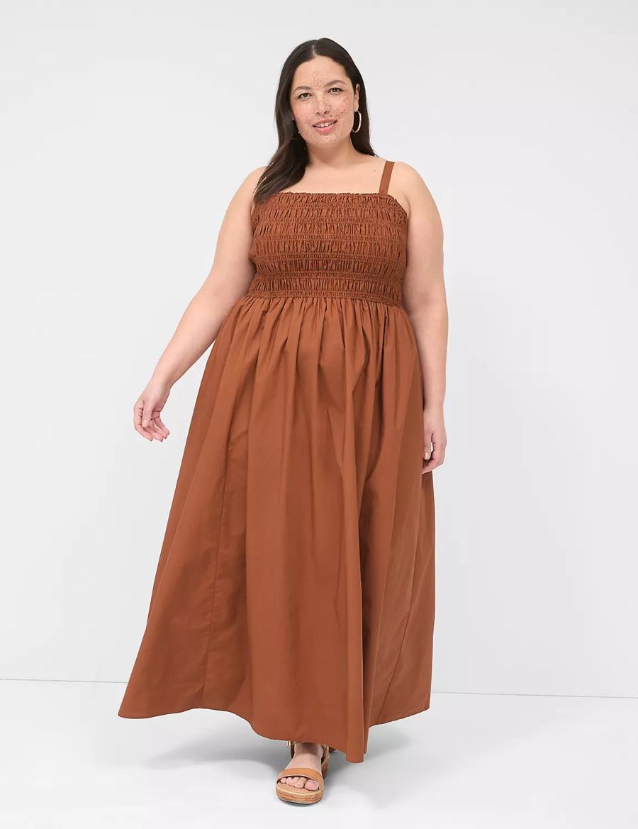 Lane Bryant Shirred-Bodice Square-Neck Women Maxi Dress Brown | UEW5635JC