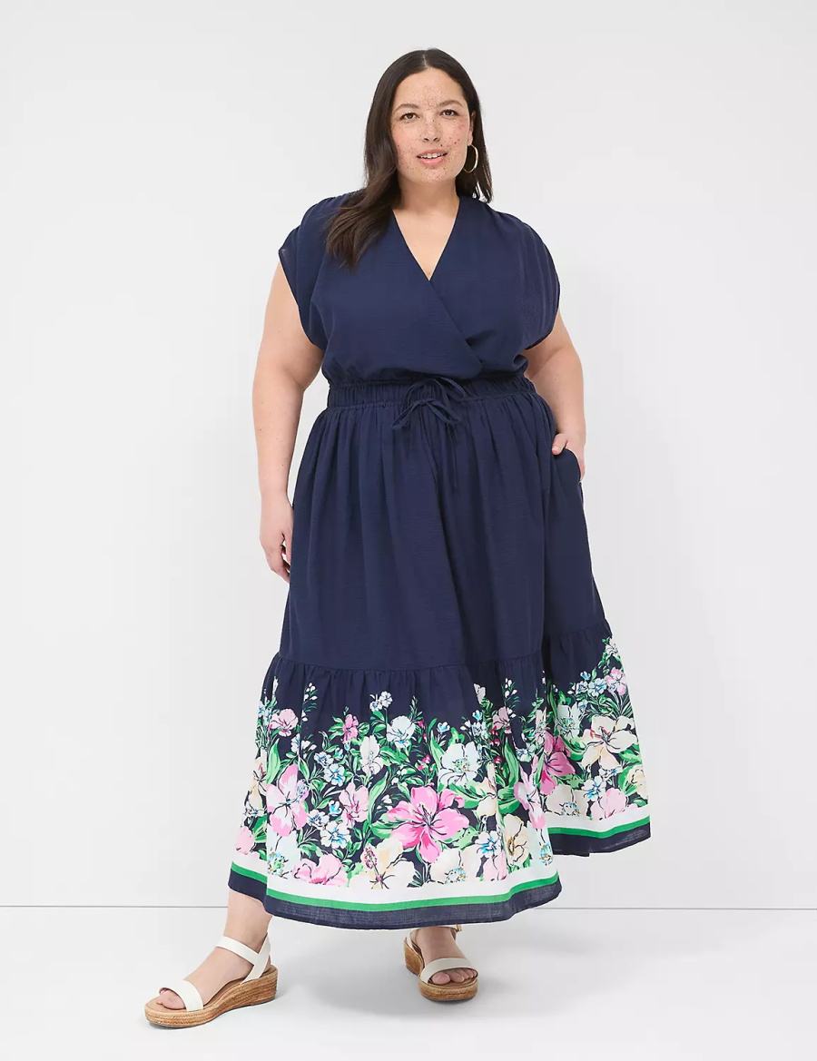 Lane Bryant Shirred-Shoulder Double-Waist Women Maxi Dress Dark Blue | DHG9383XC