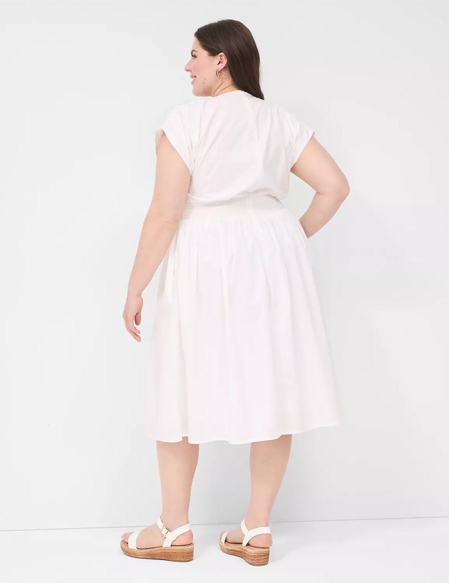 Lane Bryant Shirred-Shoulder Smocked-Waist Women Midi Dress White | RKU4738QR