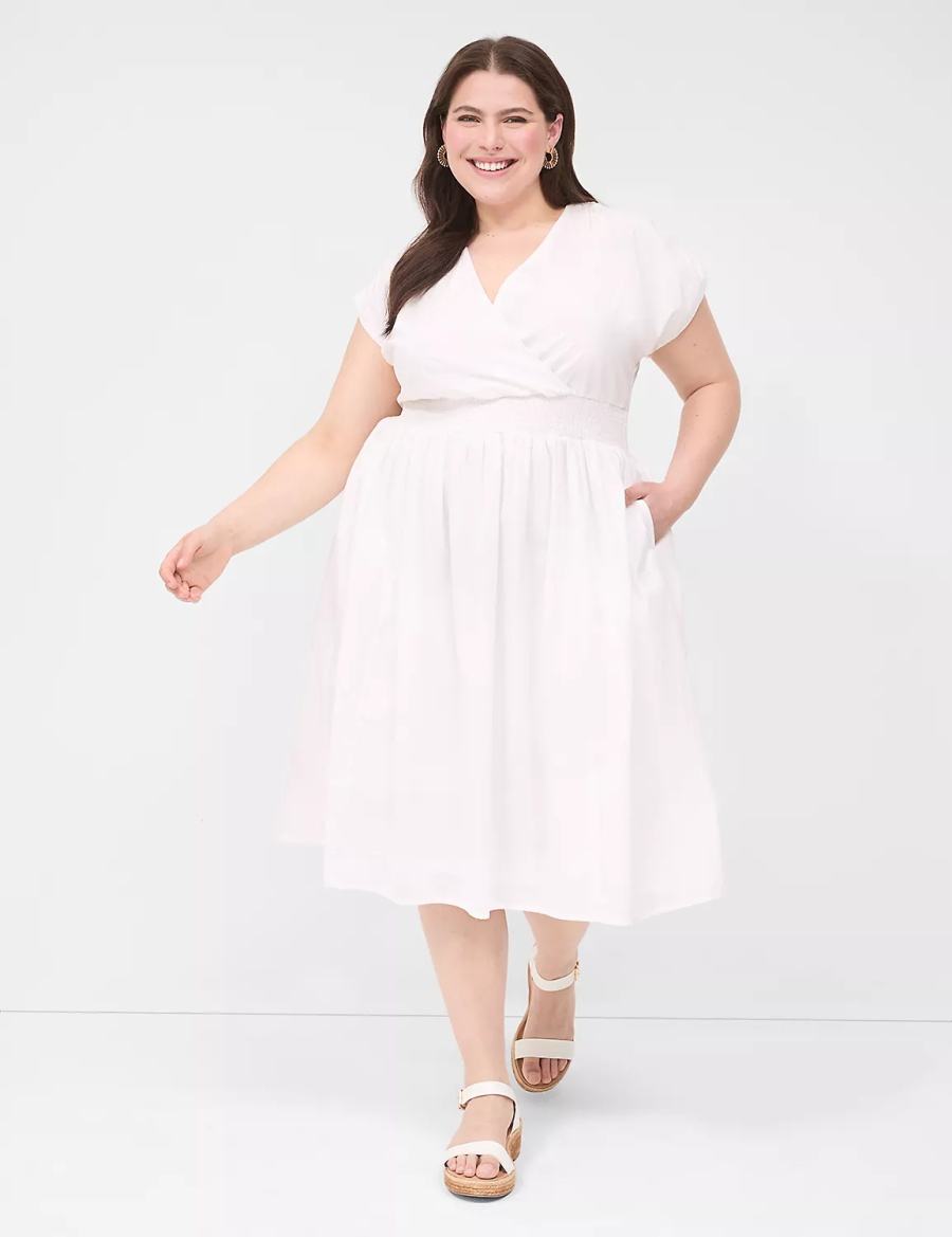 Lane Bryant Shirred-Shoulder Smocked-Waist Women Midi Dress White | RKU4738QR