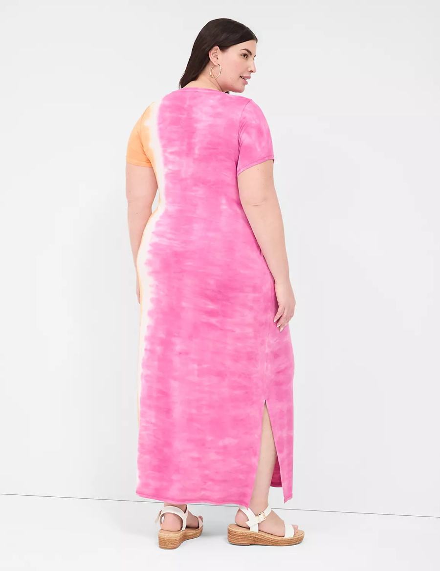 Lane Bryant Short-Sleeve Side-Slit Tie Dye Women Maxi Dress Pink Orange | UHY1747OM