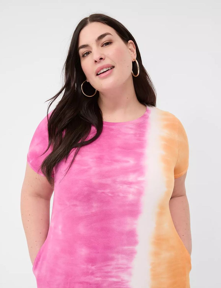 Lane Bryant Short-Sleeve Side-Slit Tie Dye Women Maxi Dress Pink Orange | UHY1747OM