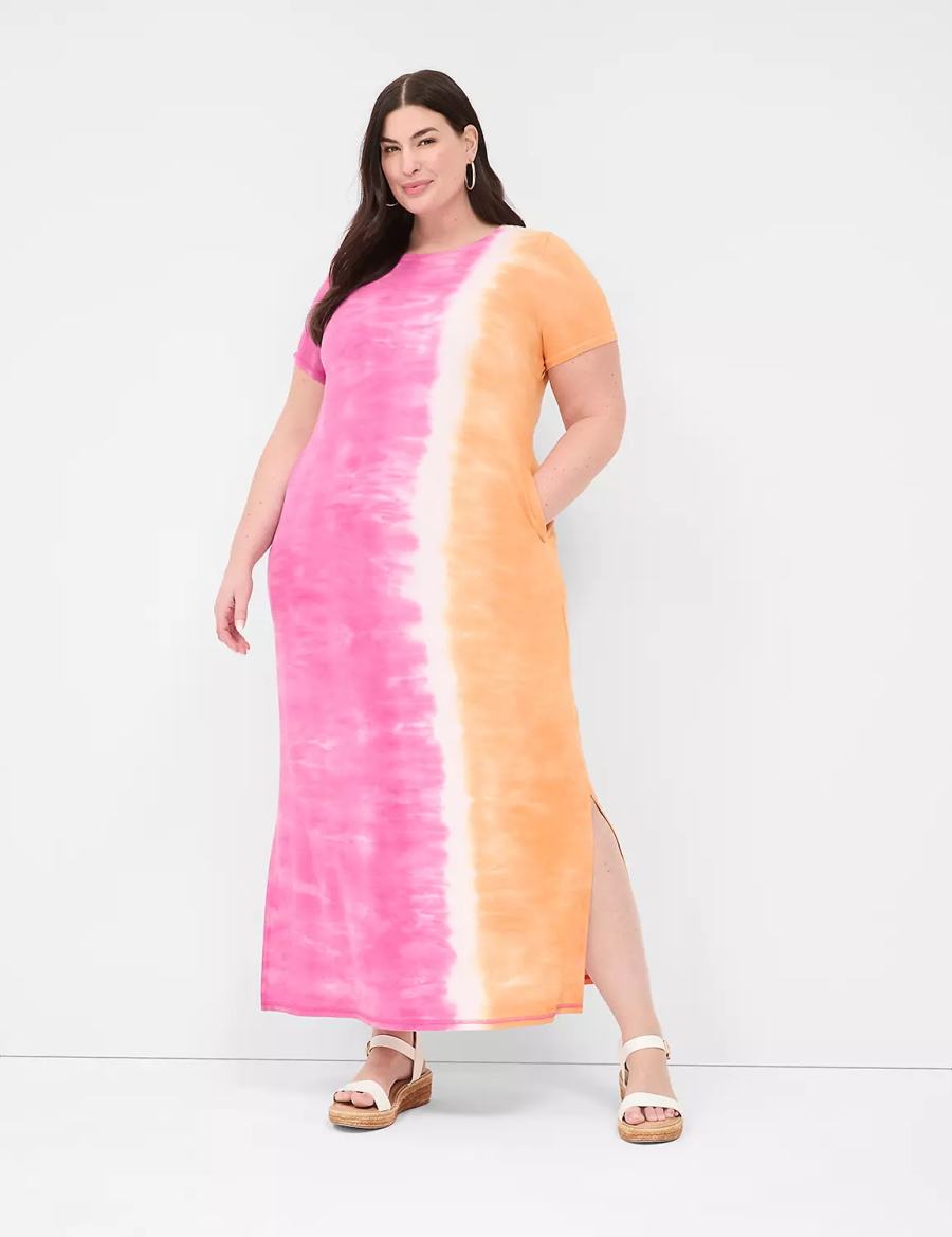 Lane Bryant Short-Sleeve Side-Slit Tie Dye Women Maxi Dress Pink Orange | UHY1747OM