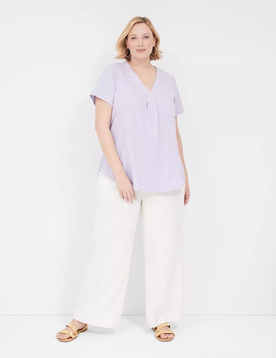 Lane Bryant Short-Sleeve V-Neck Top Women T Shirts Purple Stripes | SNL6659ZJ