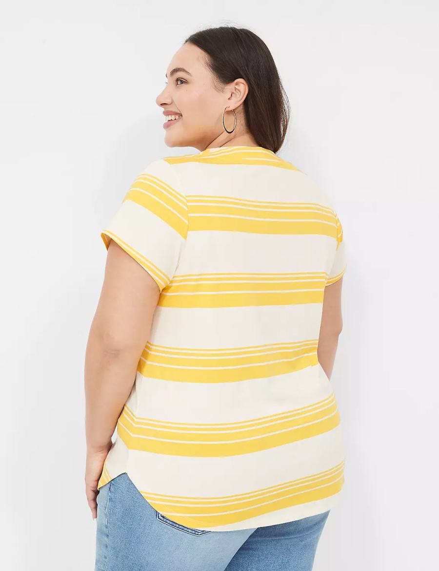 Lane Bryant Short Sleeve V-Neck Top Women T Shirts Yellow Stripes | NST7311GL