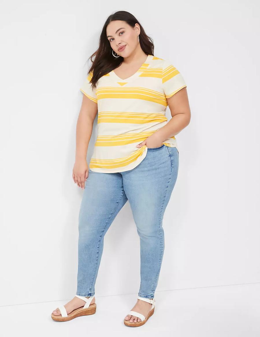 Lane Bryant Short Sleeve V-Neck Top Women T Shirts Yellow Stripes | NST7311GL