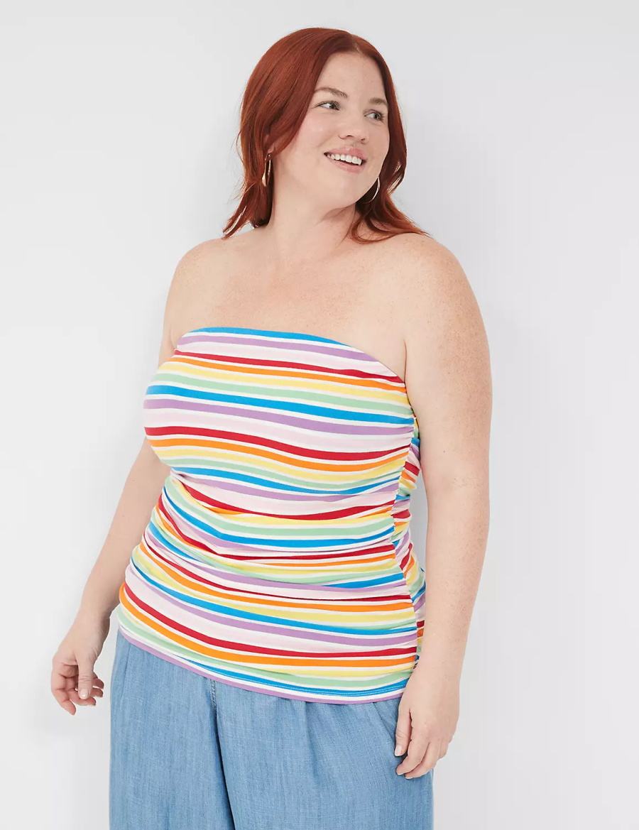 Lane Bryant Side-Ruched Tube Top With Shelf-Bra Women Tank Top Multicolor Stripes | GDN4950UL