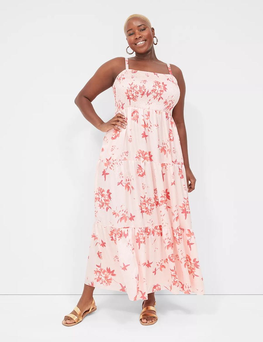 Lane Bryant Sleeveless Tiered Women Maxi Dress White Pink | LNW214TQ