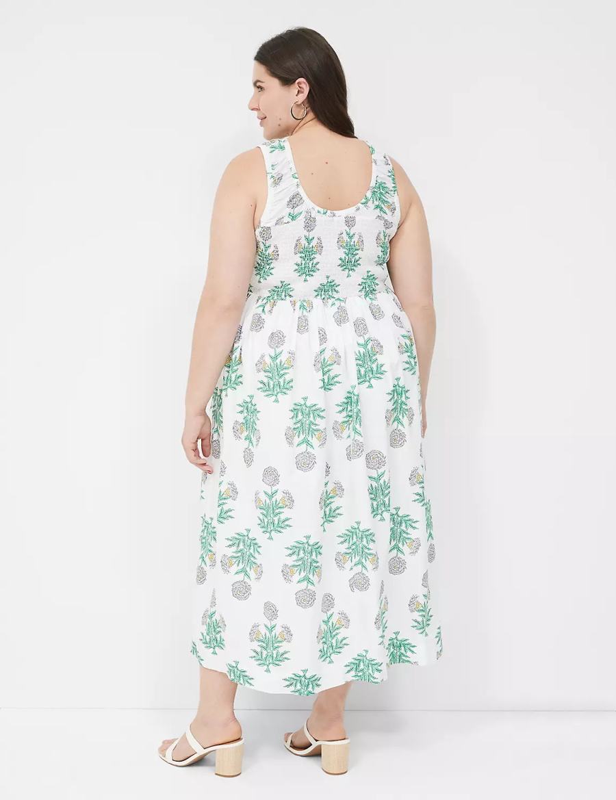 Lane Bryant Smocked-Bodice Women Midi Dress White Green | ZTF3171MM