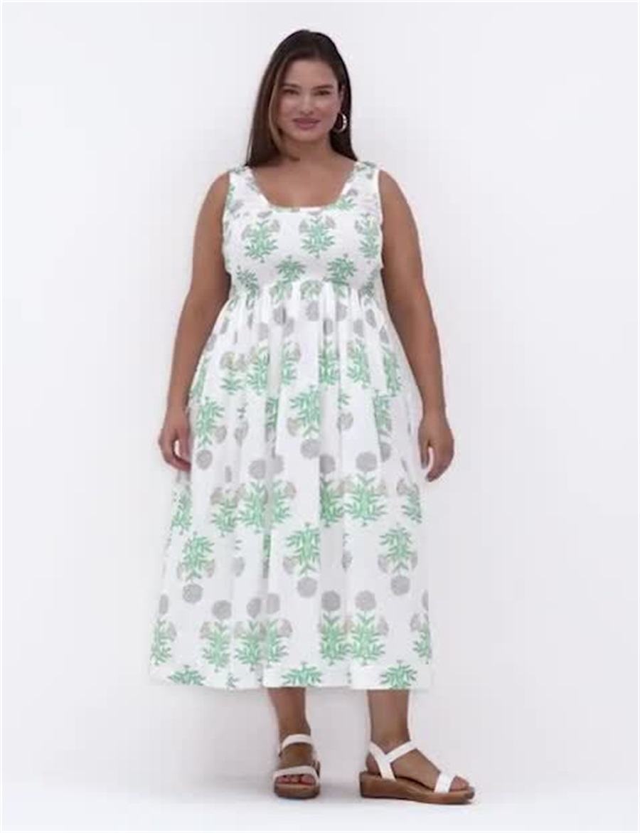 Lane Bryant Smocked-Bodice Women Midi Dress White Green | ZTF3171MM