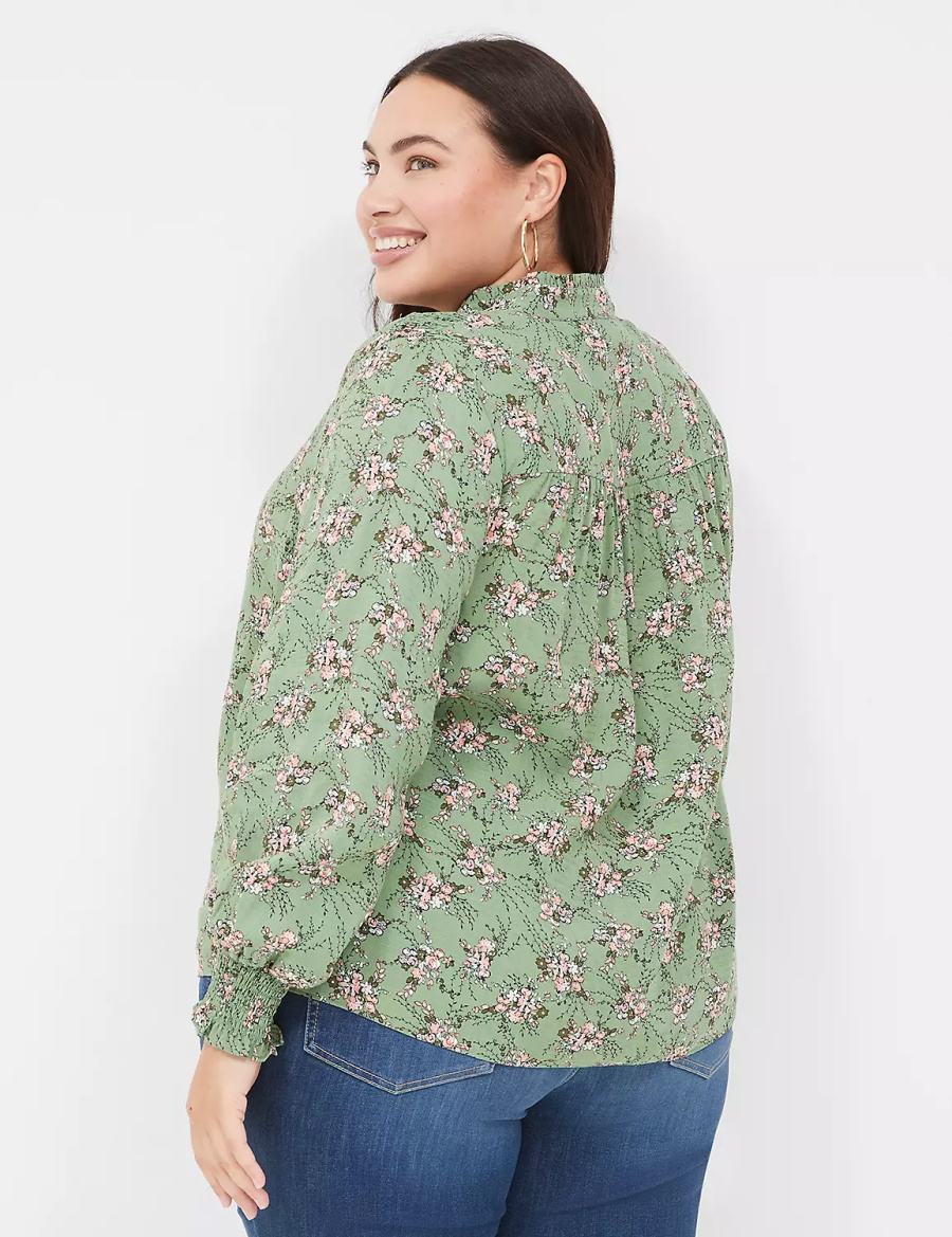 Lane Bryant Smocked Shoulder & Cuff Popover Women Blouse Green | XDT5980KQ