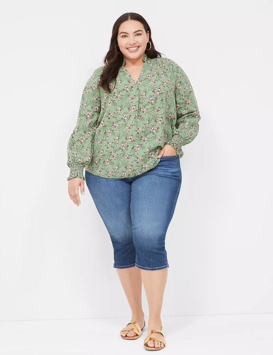 Lane Bryant Smocked Shoulder & Cuff Popover Women Blouse Green | XDT5980KQ