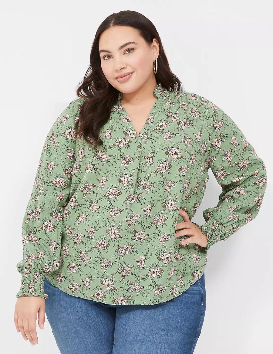 Lane Bryant Smocked Shoulder & Cuff Popover Women Blouse Green | XDT5980KQ