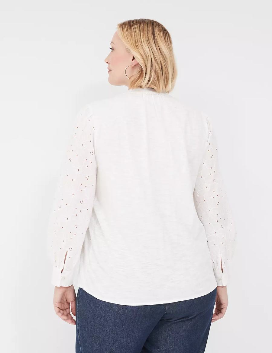 Lane Bryant Split-Neck Eyelet & Knit Women Blouse White | ZWD6144BQ