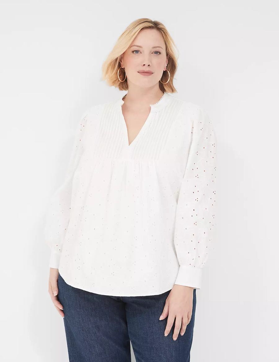 Lane Bryant Split-Neck Eyelet & Knit Women Blouse White | ZWD6144BQ