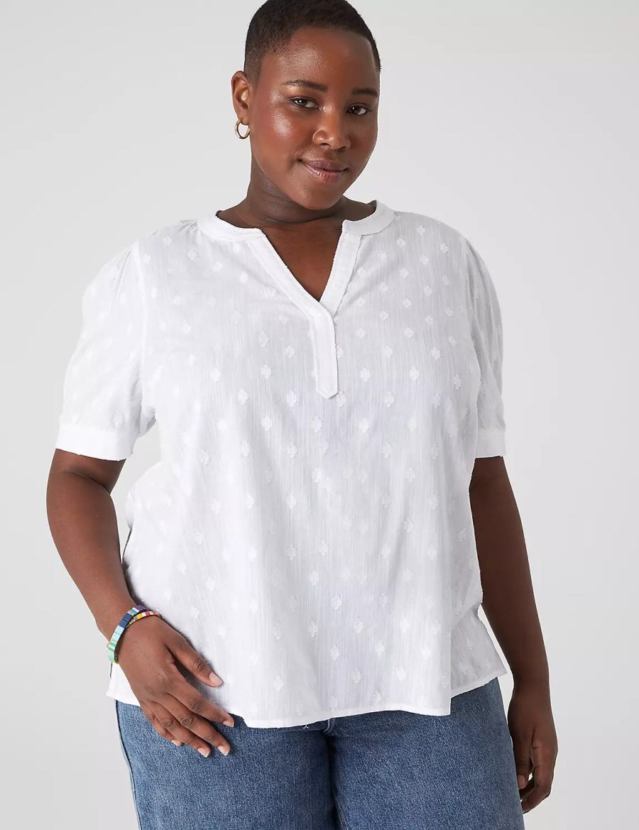 Lane Bryant Split-Neck Jacquard Popover Women Blouse White | YIW6510KZ