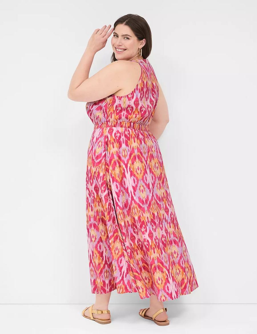 Lane Bryant Split-Neck Tie-Waist Women Maxi Dress Pink | XBE7034XK