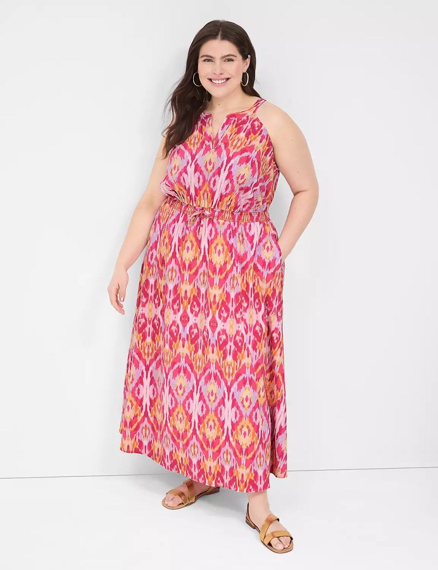 Lane Bryant Split-Neck Tie-Waist Women Maxi Dress Pink | XBE7034XK